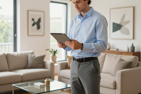 Man in blue shirt holding tablet in bright living room with beige sofa and framed artwork