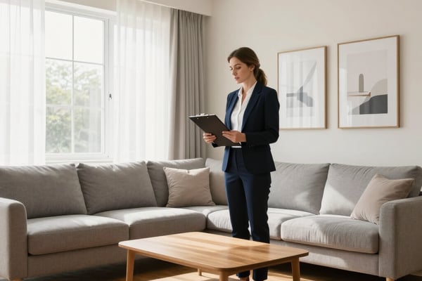 Woman in business attire standing in bright living room with L-shaped gray sofa and wooden coffee table